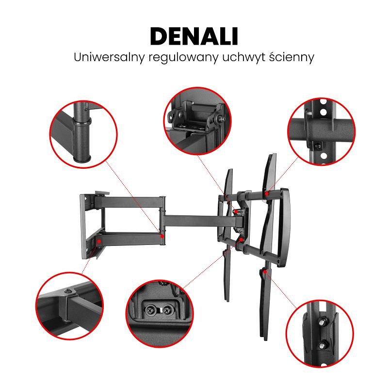 Uchwyt TV Montis "Denali" z detalami konstrukcji; napis "Denali. Uniwersalny regulowany uchwyt ścienny"