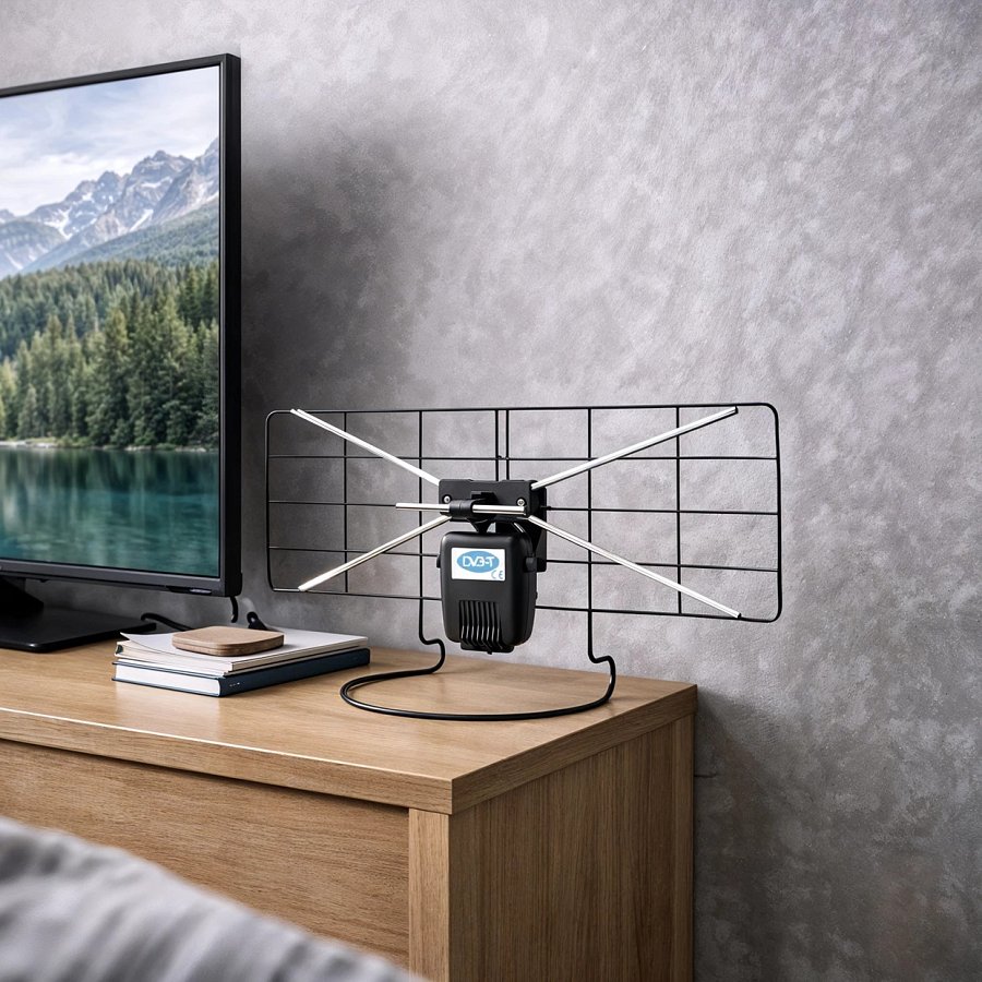 Antena pokojowa Montis MT201 na komodzie w pokoju obok telewizora