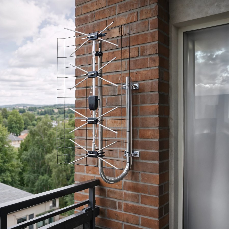 Antena Montis zamontowana na zewnątrz, na balkonie, koło okna