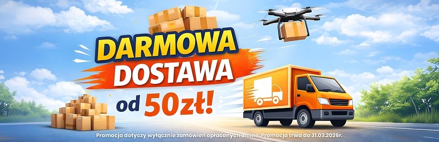Po prawej stronie ciężarówka kurierska, nad nią dron z paczką. Po lewej stos paczek. Na środku napis "Darmowa dostawa od 50 zł!", nad nim stos paczek. Na dole napis: "Promocja dotyczy wyłącznie zamówień opłaconych online. Promojcja trwa do 31.03.2026 r.".