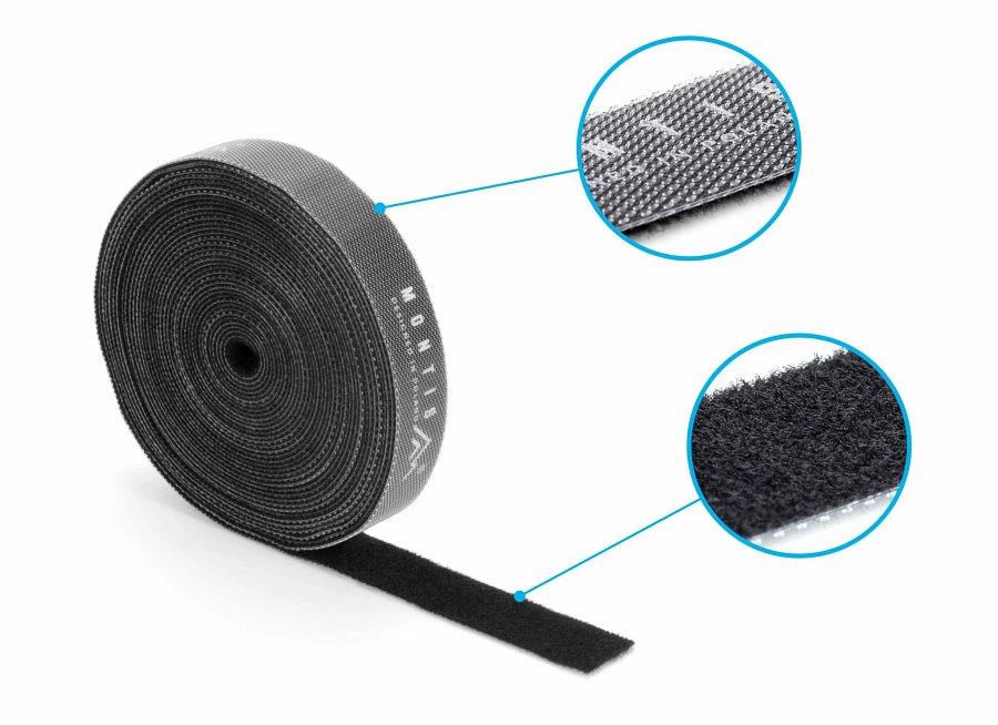 Zwinięty organizer rzep do kabli Montis MT102-2 - zbliżenia na rzep oraz warstwę zewnętrzną w dymkach